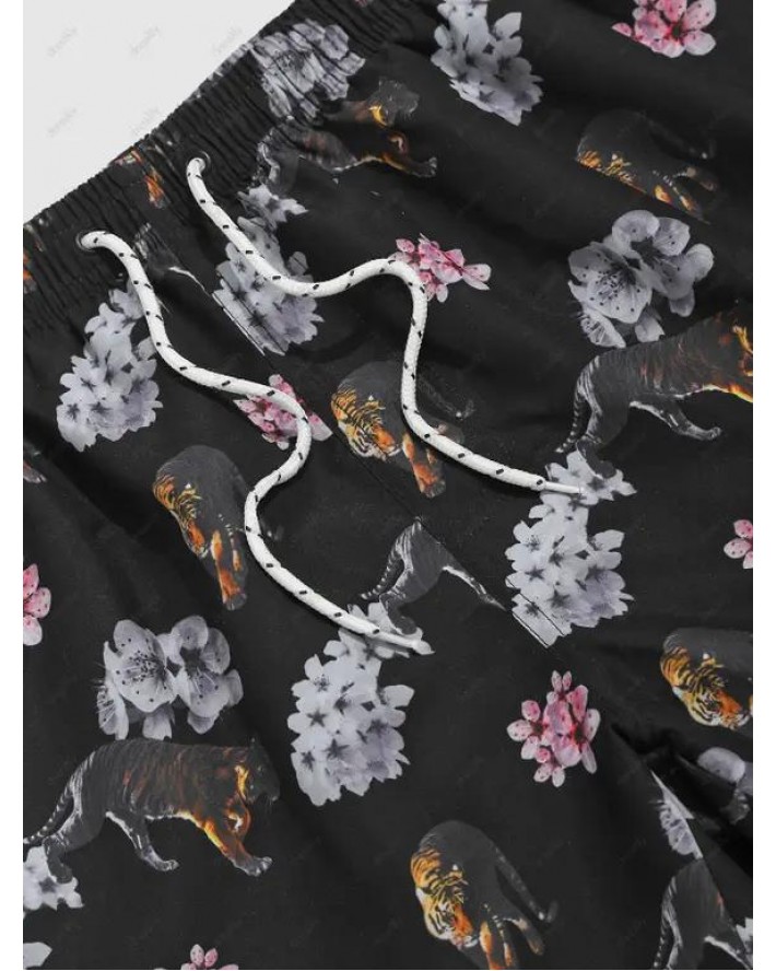Floral Tiger Print Drawstring Board Shorts