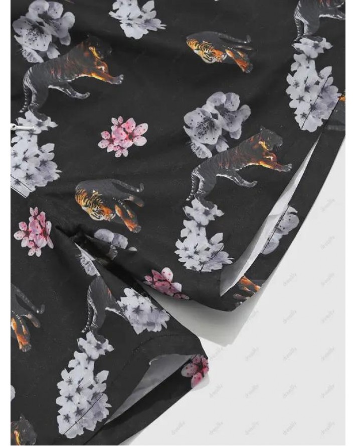 Floral Tiger Print Drawstring Board Shorts