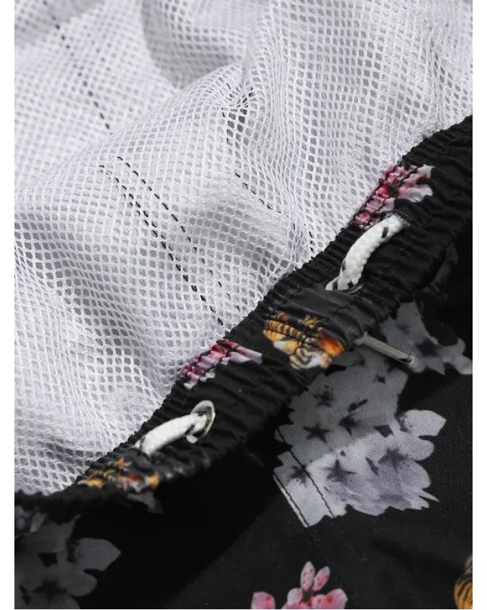 Floral Tiger Print Drawstring Board Shorts