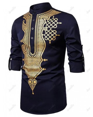 Casual Shirt Bronzing Pattern Long Sleeve Stand Collar Half Button Ethnic Shirt