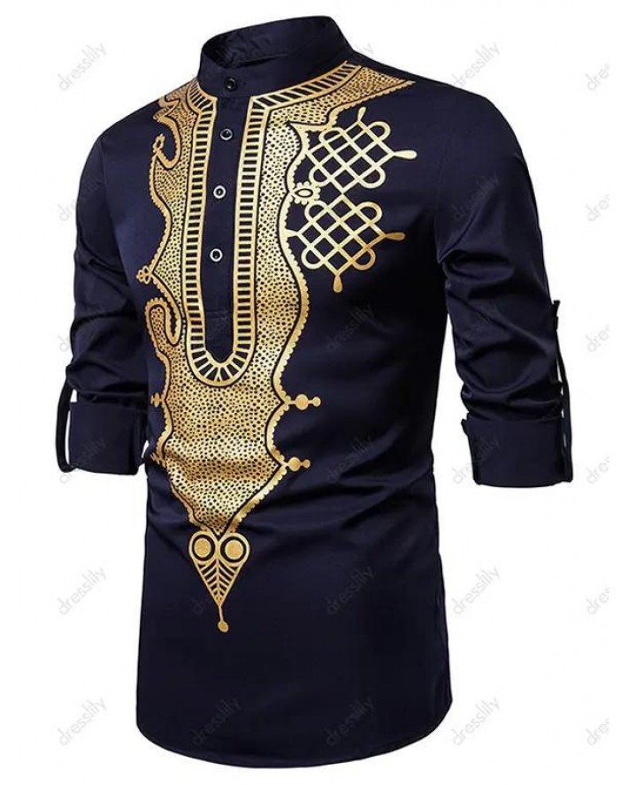 Casual Shirt Bronzing Pattern Long Sleeve Stand Collar Half Button Ethnic Shirt