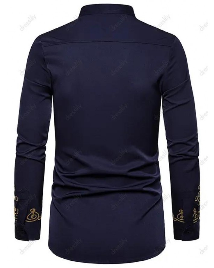 Casual Shirt Bronzing Pattern Long Sleeve Stand Collar Half Button Ethnic Shirt