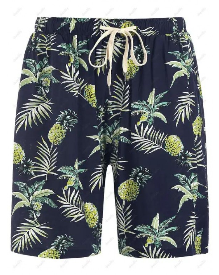 Tropical Leaf Pineapple Print Vacation Board Shorts