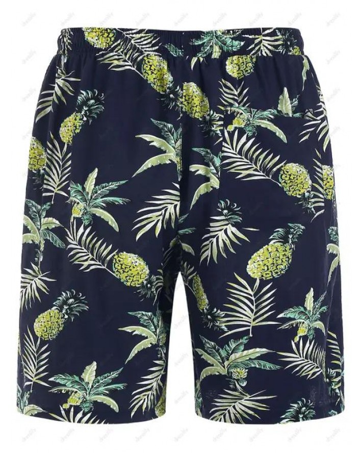Tropical Leaf Pineapple Print Vacation Board Shorts