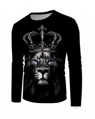 Crown Lion Pattern T Shirt Round Neck Long Sleeve Casual Tee