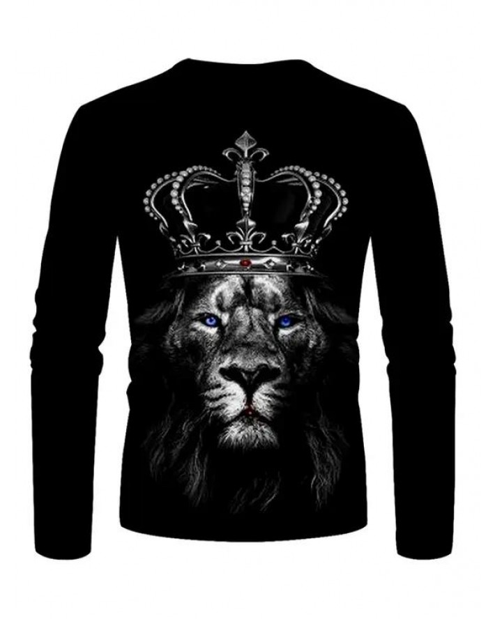 Crown Lion Pattern T Shirt Round Neck Long Sleeve Casual Tee