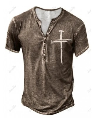 Vintage Half Button T Shirt Cross Print Short Sleeve Heathered Summer Tee