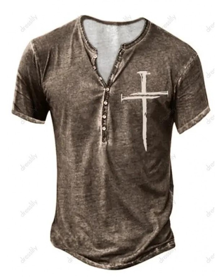 Vintage Half Button T Shirt Cross Print Short Sleeve Heathered Summer Tee