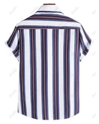 Vertical Striped Print Casual Shirt Curved Hem Turn Down Collar Short Sleeve Summer Button-up Shirt