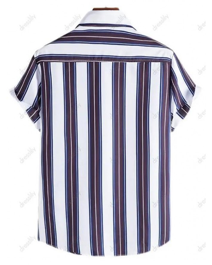 Vertical Striped Print Casual Shirt Curved Hem Turn Down Collar Short Sleeve Summer Button-up Shirt