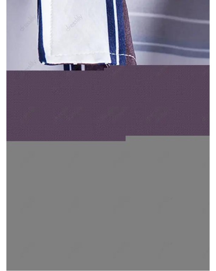 Vertical Striped Print Casual Shirt Curved Hem Turn Down Collar Short Sleeve Summer Button-up Shirt