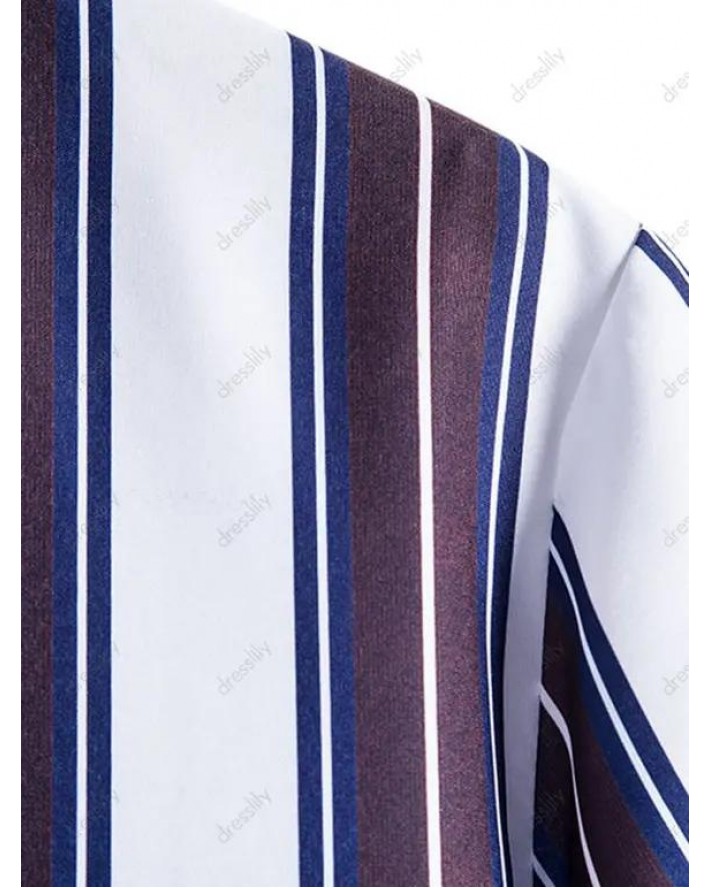 Vertical Striped Print Casual Shirt Curved Hem Turn Down Collar Short Sleeve Summer Button-up Shirt