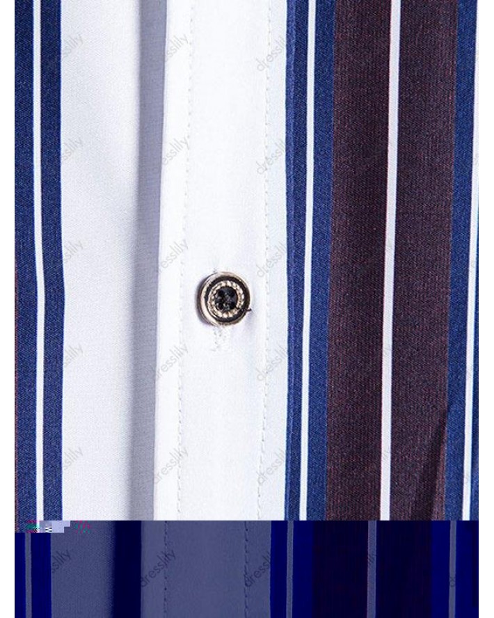 Vertical Striped Print Casual Shirt Curved Hem Turn Down Collar Short Sleeve Summer Button-up Shirt