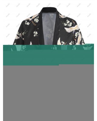 Floral Bird Print Open Front Kimono Shirt