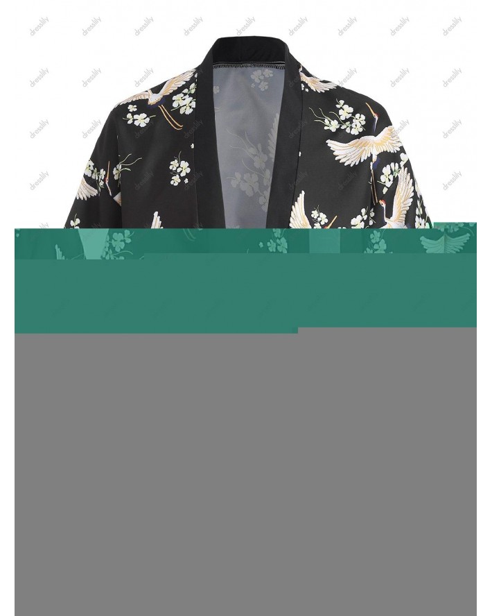 Floral Bird Print Open Front Kimono Shirt