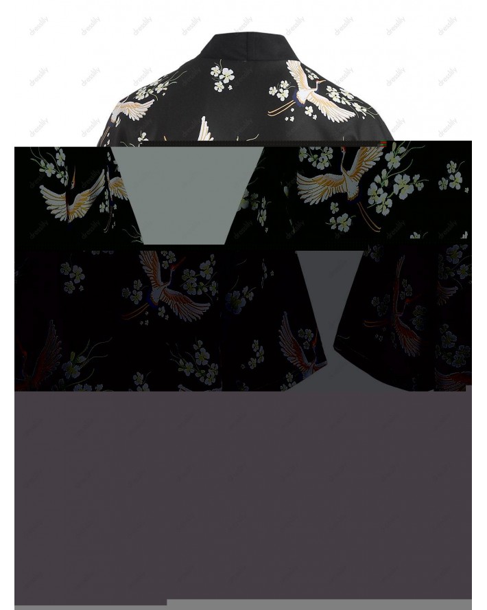 Floral Bird Print Open Front Kimono Shirt