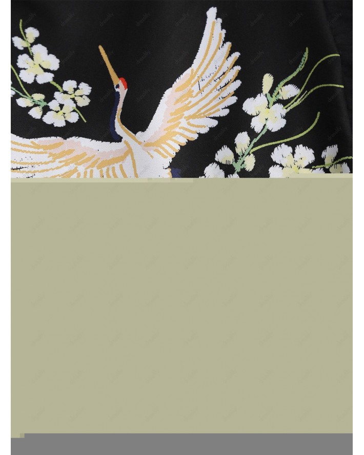 Floral Bird Print Open Front Kimono Shirt