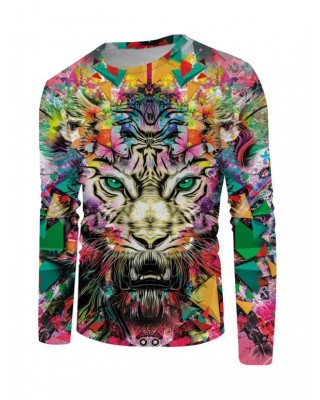Colorful Tiger Graffiti Print T-shirt Long Sleeve Round Neck Casual Tee