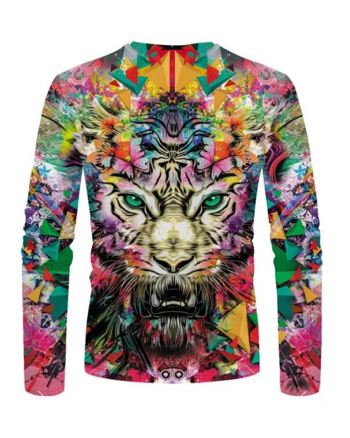 Colorful Tiger Graffiti Print T-shirt Long Sleeve Round Neck Casual Tee