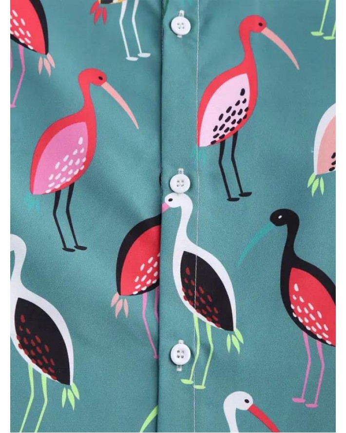 Flamingo Print Short Sleeve Vacation Shirt