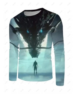 Dragon And Figure Print T-shirt Long Sleeve Casual Round Neck Tee