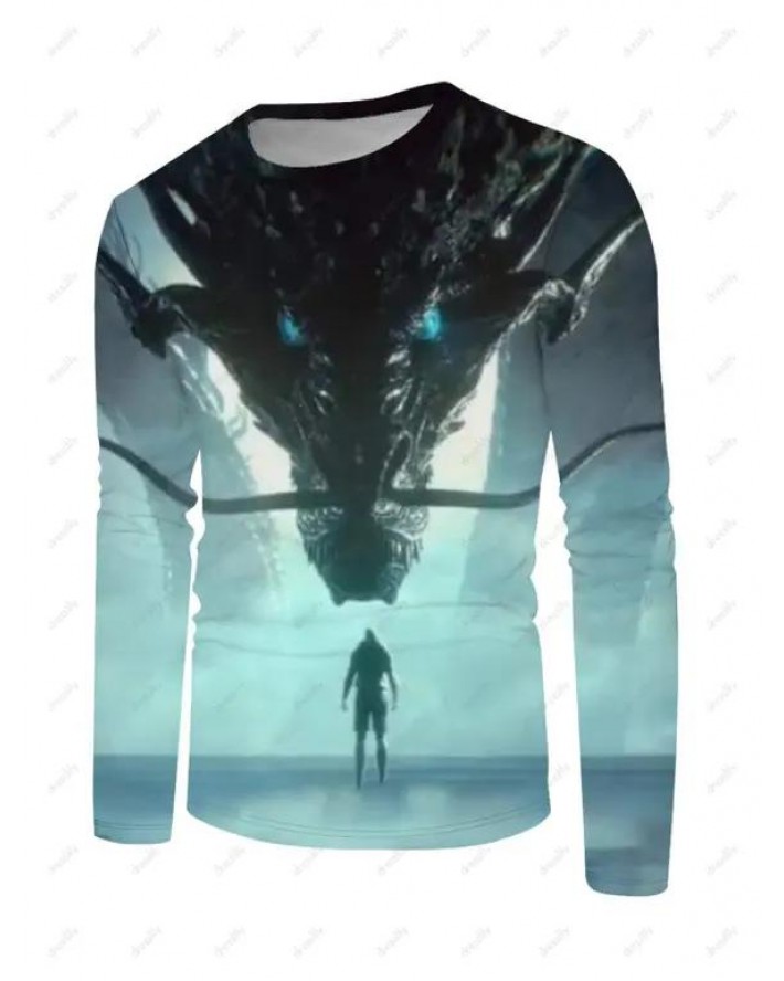 Dragon And Figure Print T-shirt Long Sleeve Casual Round Neck Tee