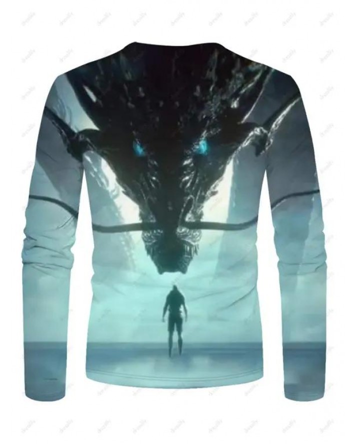 Dragon And Figure Print T-shirt Long Sleeve Casual Round Neck Tee