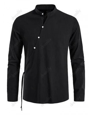 Vintage Shirt Solid Color Slit Stand Collar Long Sleeve Side Button Casual Shirt