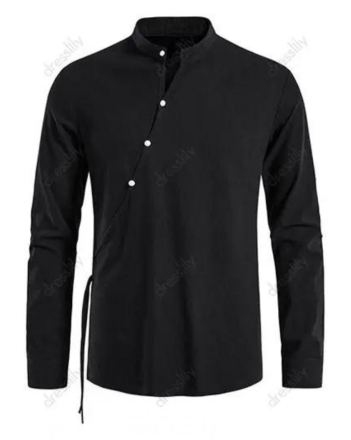 Vintage Shirt Solid Color Slit Stand Collar Long Sleeve Side Button Casual Shirt