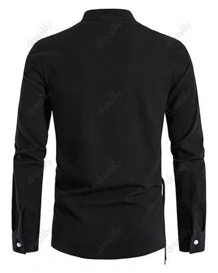 Vintage Shirt Solid Color Slit Stand Collar Long Sleeve Side Button Casual Shirt