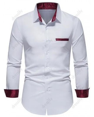 Casual Shirt Printed Insert Colorblock Mock Pockets Long Sleeve Turn Down Collar Button-up Shirt