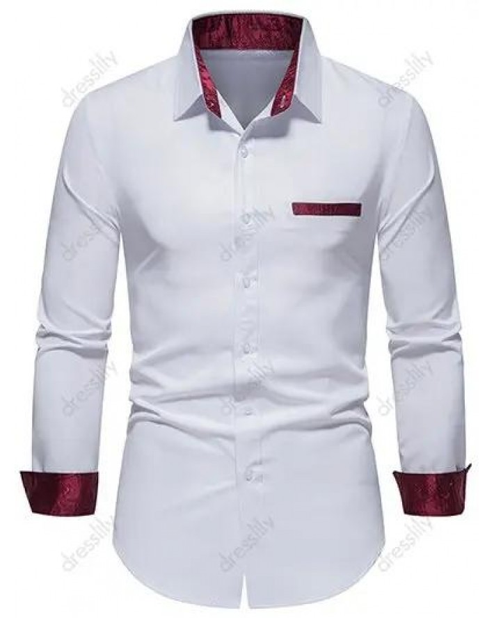 Casual Shirt Printed Insert Colorblock Mock Pockets Long Sleeve Turn Down Collar Button-up Shirt