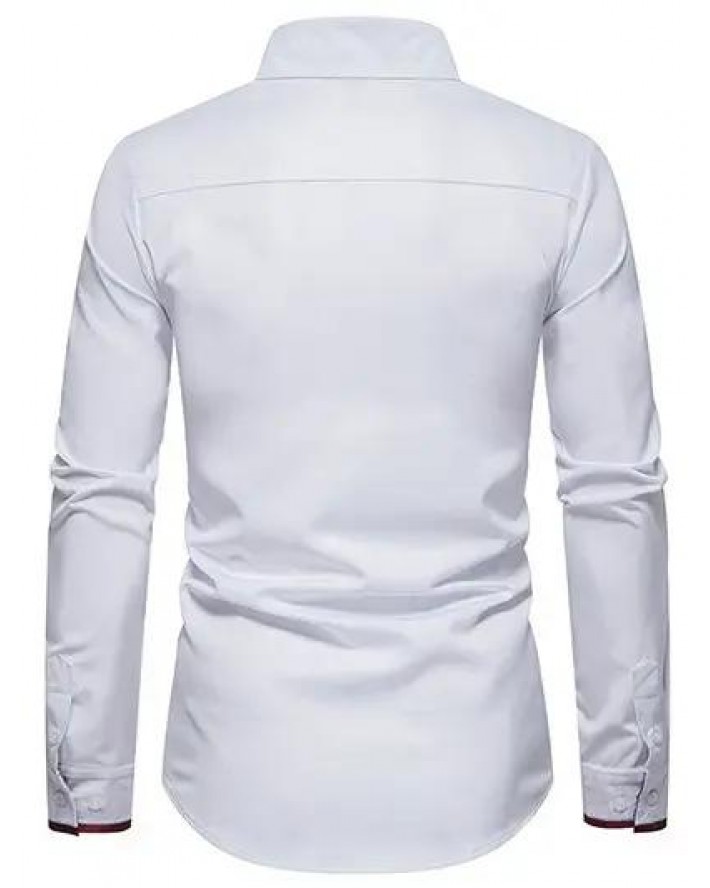 Casual Shirt Printed Insert Colorblock Mock Pockets Long Sleeve Turn Down Collar Button-up Shirt