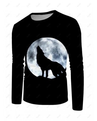 Moon Wolf Print T-shirt Round Neck Long Sleeve Casual Tee