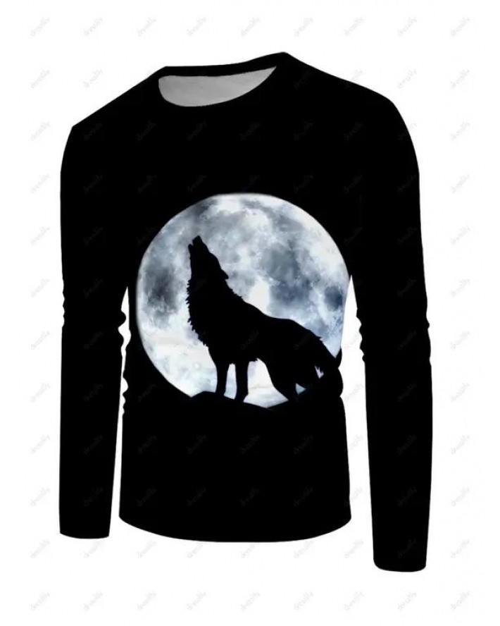Moon Wolf Print T-shirt Round Neck Long Sleeve Casual Tee