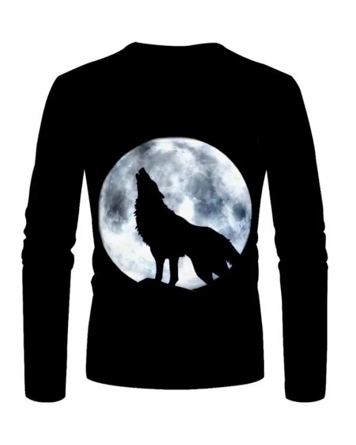 Moon Wolf Print T-shirt Round Neck Long Sleeve Casual Tee