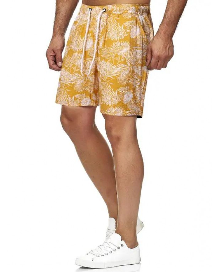 Leaf Print Drawstring Beach Shorts