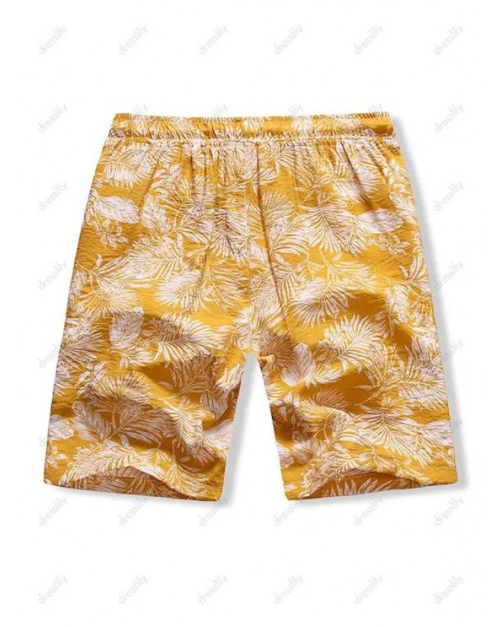 Leaf Print Drawstring Beach Shorts