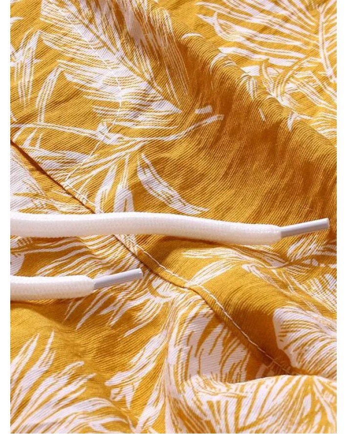 Leaf Print Drawstring Beach Shorts