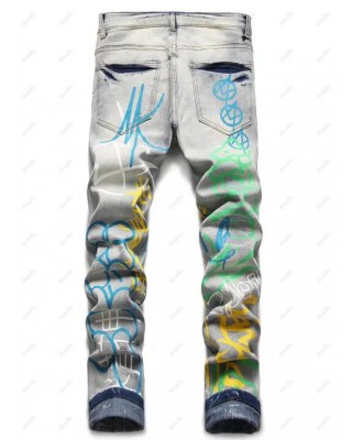 Trendy Jeans Colored Printed Button Fly Jeans Pockets Ripped Denim Pants