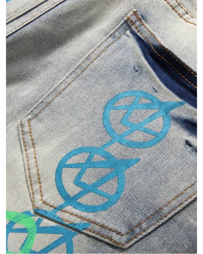 Trendy Jeans Colored Printed Button Fly Jeans Pockets Ripped Denim Pants