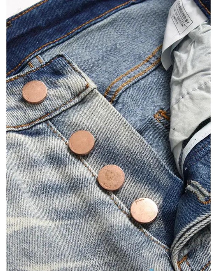 Trendy Jeans Colored Printed Button Fly Jeans Pockets Ripped Denim Pants