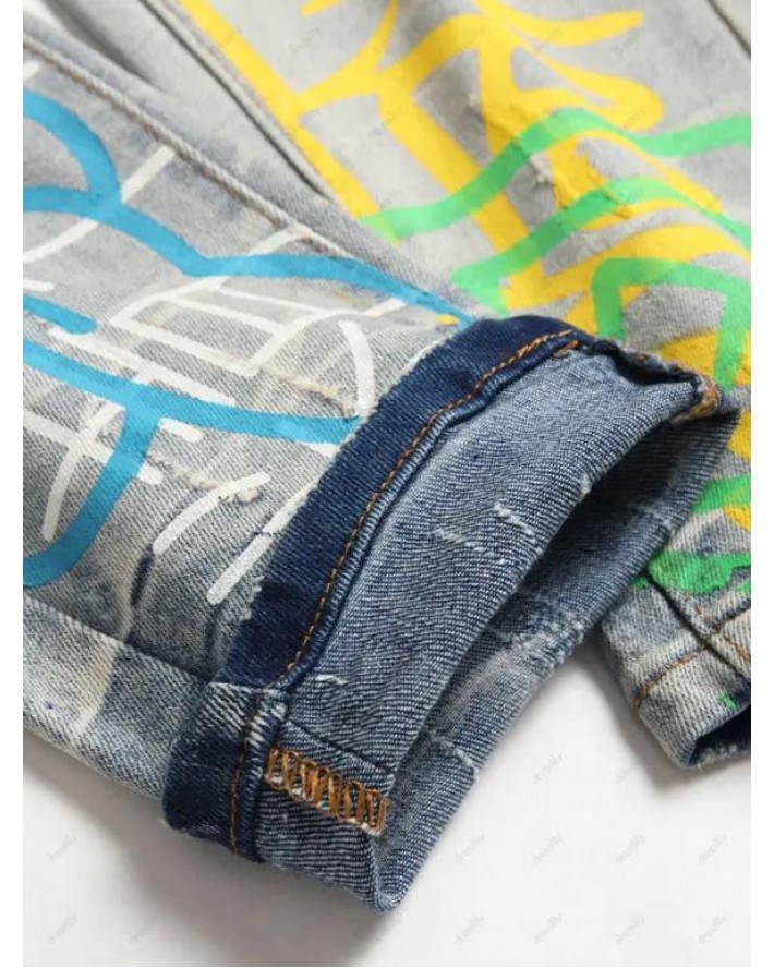 Trendy Jeans Colored Printed Button Fly Jeans Pockets Ripped Denim Pants