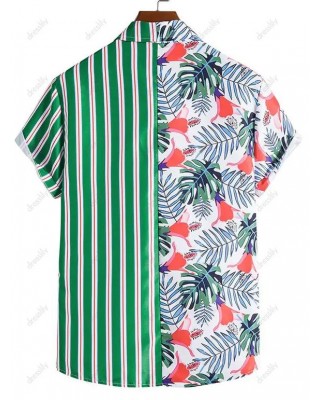 Tropical Shirt Striped Leaf Floral Print Front Pocket Summer Casual Button-up Shirt