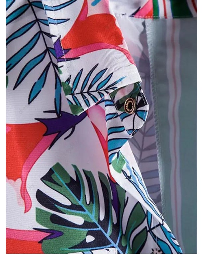 Tropical Shirt Striped Leaf Floral Print Front Pocket Summer Casual Button-up Shirt
