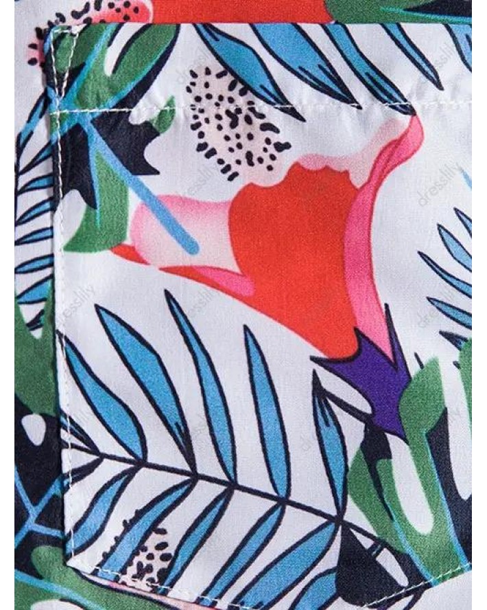 Tropical Shirt Striped Leaf Floral Print Front Pocket Summer Casual Button-up Shirt