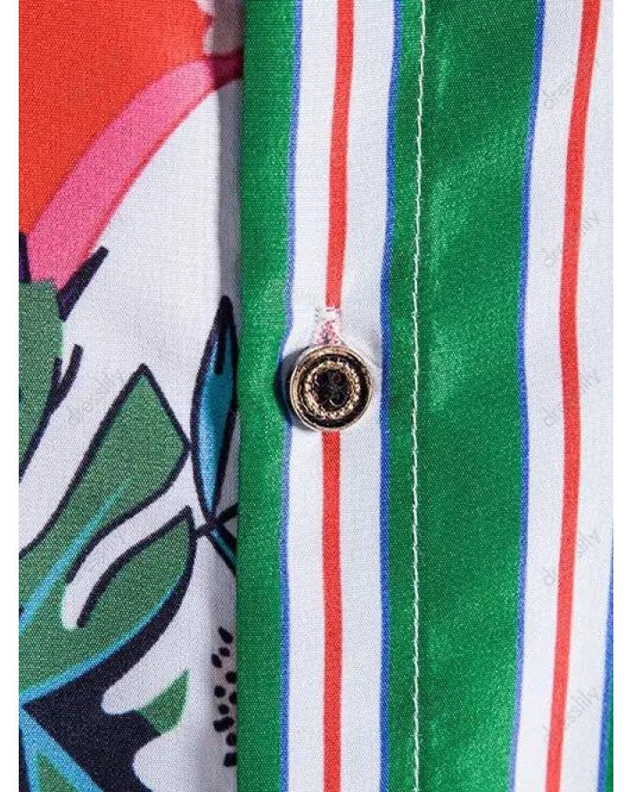 Tropical Shirt Striped Leaf Floral Print Front Pocket Summer Casual Button-up Shirt