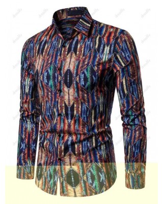Tribal Allover Print Long Sleeve Shirt Button Up Turndown Collar Casual Shirt