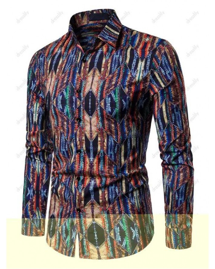 Tribal Allover Print Long Sleeve Shirt Button Up Turndown Collar Casual Shirt