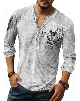 Casual T Shirt Long Sleeve Number Letter Wing Print Half Button Round Neck Spring Tee